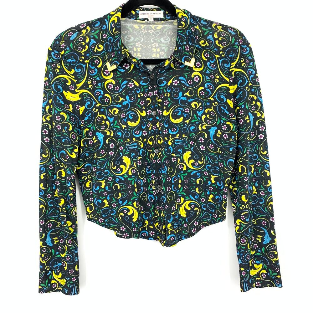 Opening Ceremony Buttondown Cropped Shirt Womens Sz M Long Sleeve Floral Print
